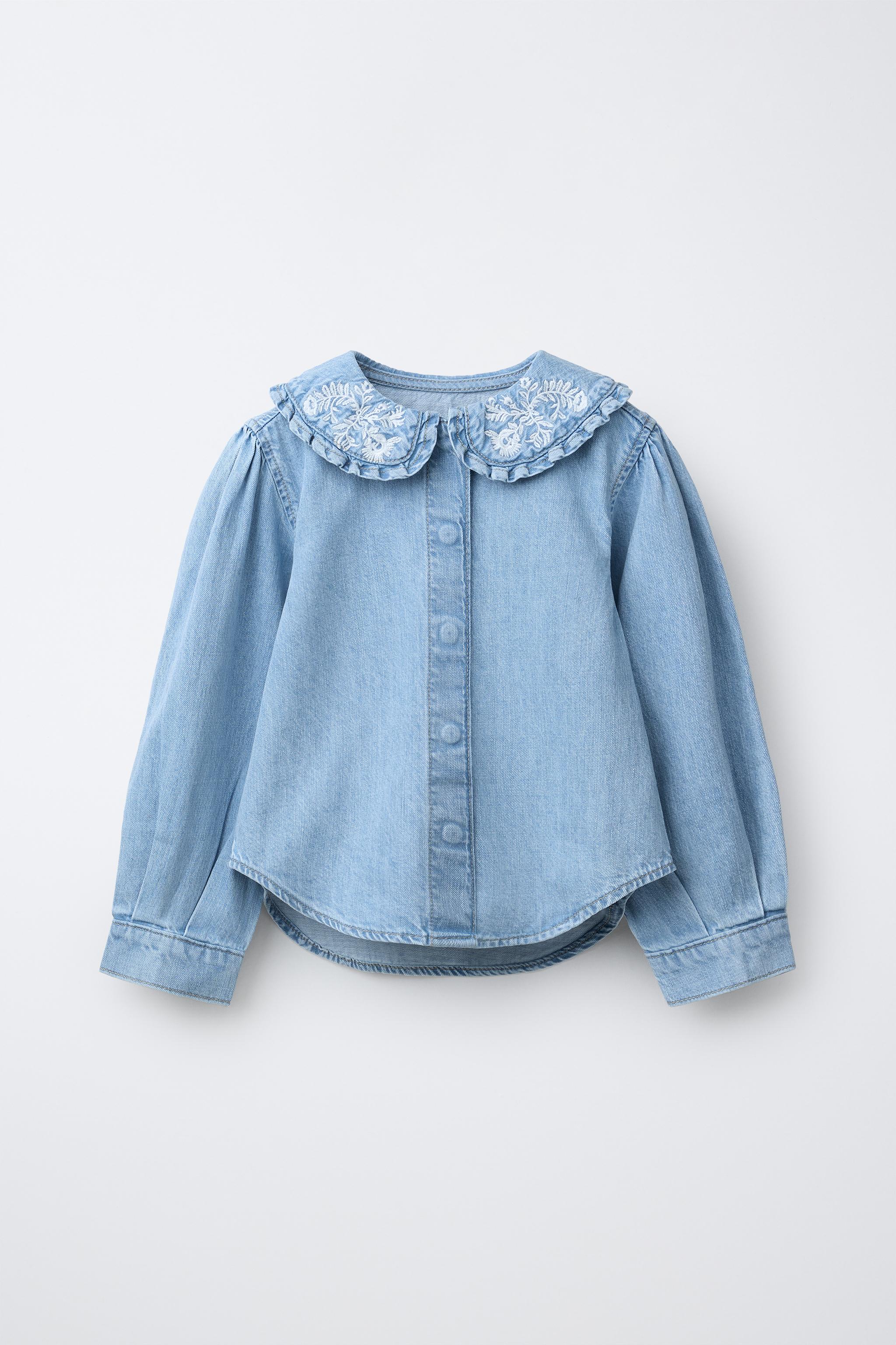 DENIM SHIRT WITH EMBROIDERED FLORAL COLLAR